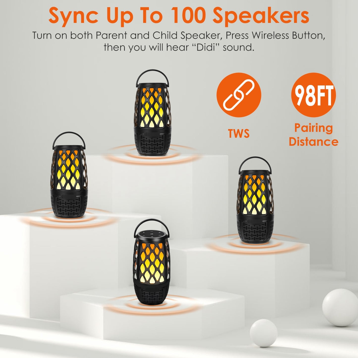 1Pc 4 In 1 Wireless 5.3 Outdoor Speaker IPX5 Waterproof Patio Speaker LED Flame Speaker With 3 Flame Light Modes Hook Stake Wall Mount Holder Sync Up To 1,00 Speakers